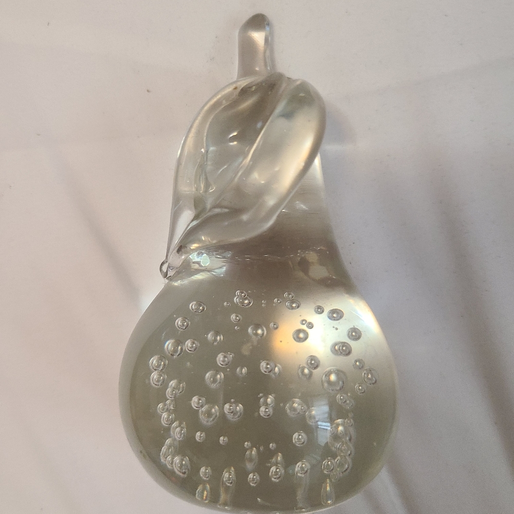 Vintage clear bubble glass pear paperweight